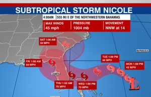 Subtropical Storm Nicole forms northeast of Bahamas, headed for Florida